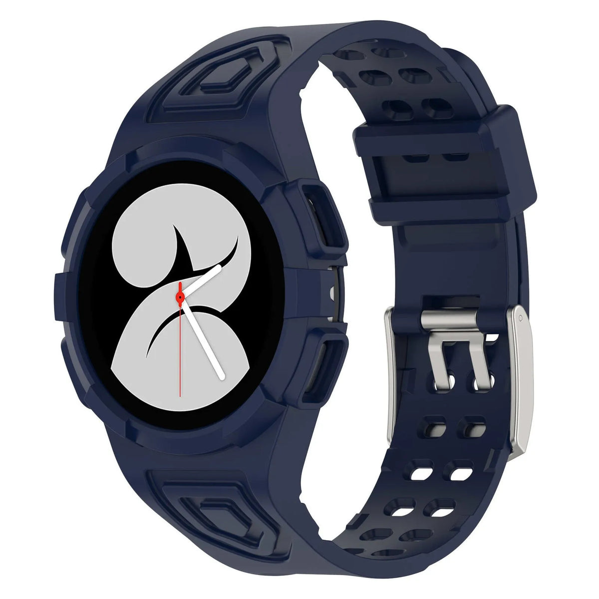 Silicone Strap with Frame, dark blue, on a watch, 3/4 front view