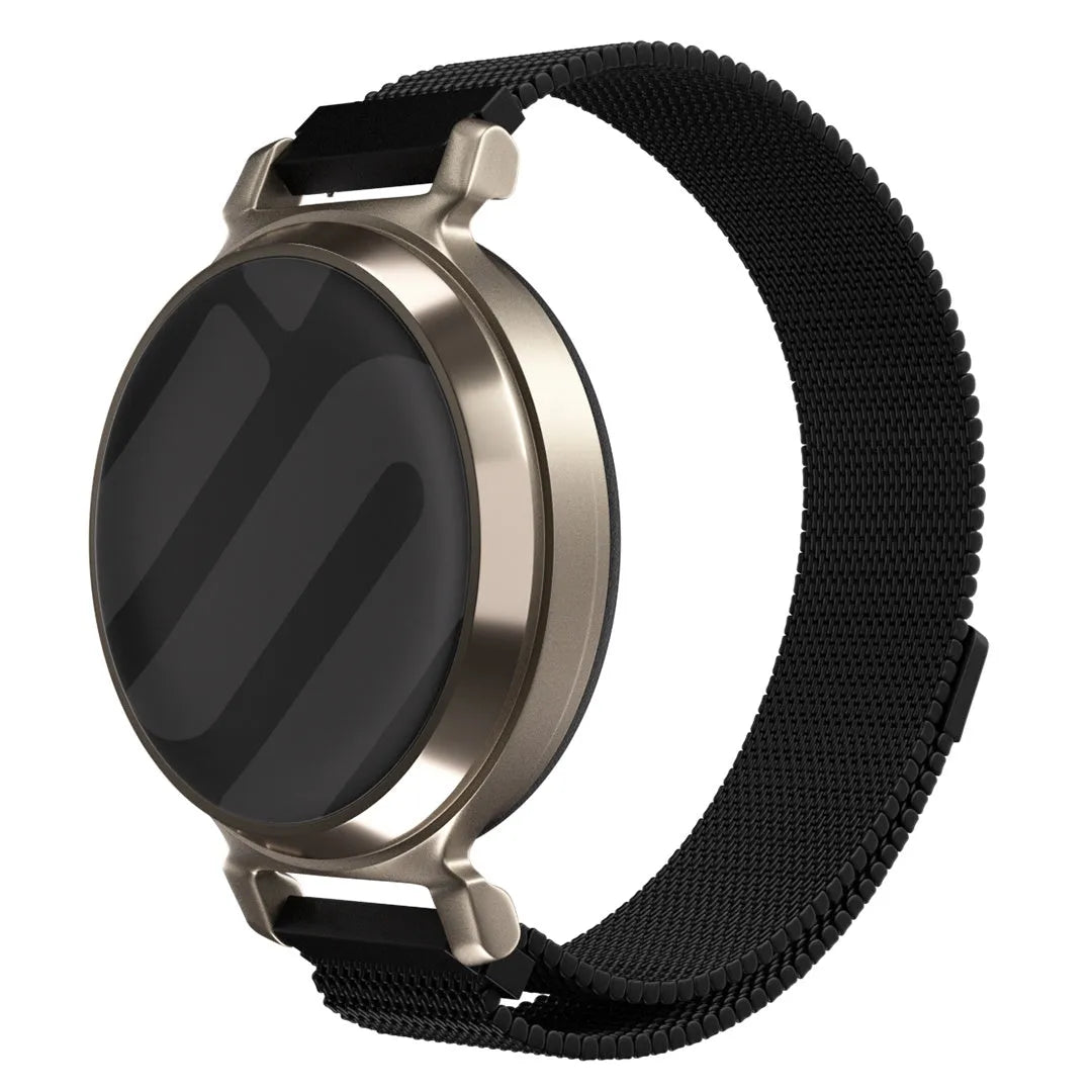 Milanese Strap, black, on a watch, 3/4 front view