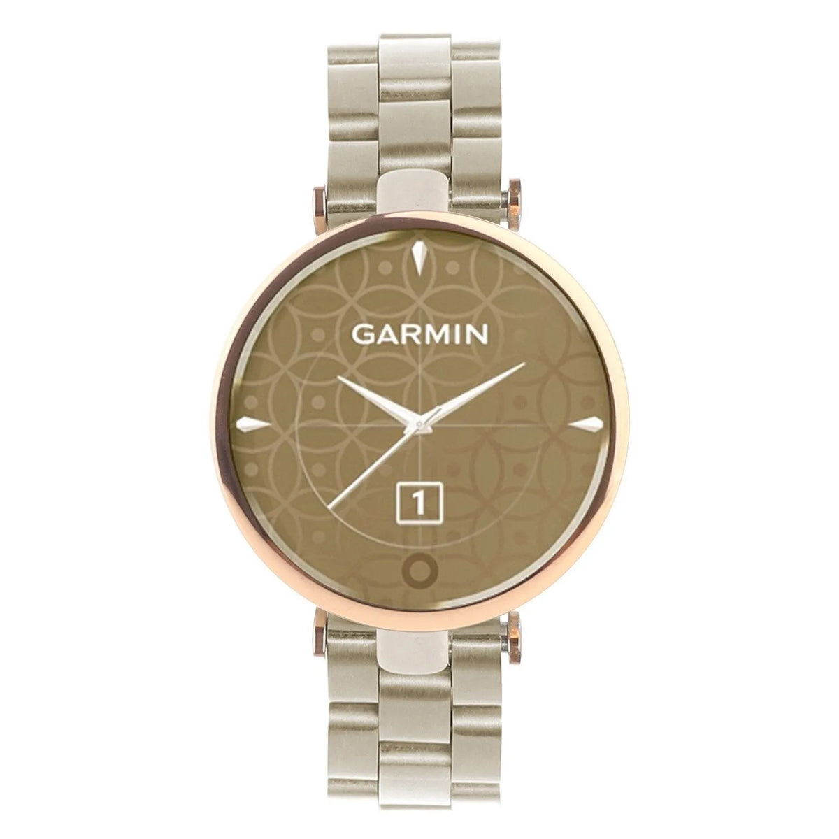 Steel Strap, champagne, on a watch, 3/4 front view