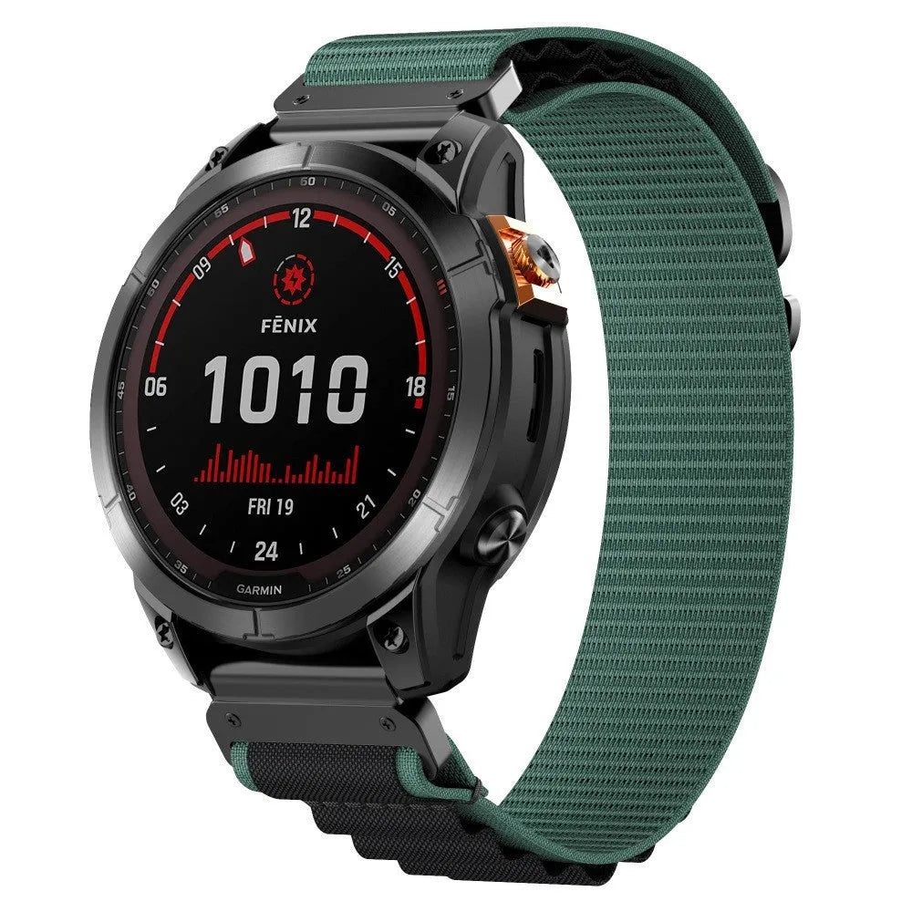Alpine Nylon Strap, green/black, on a watch, 3/4 front view