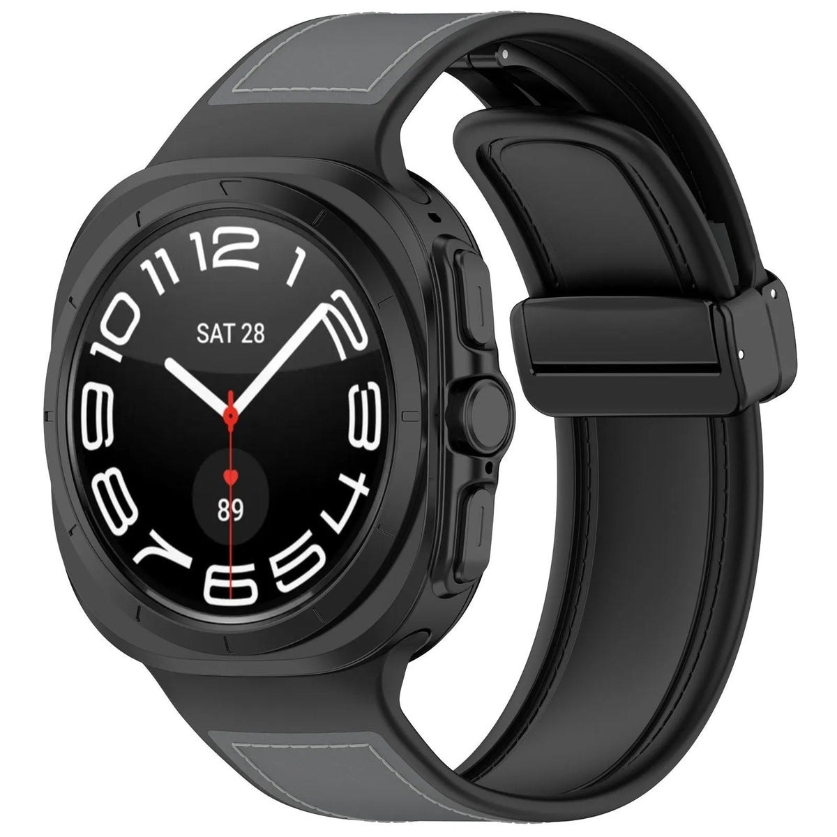 Leather Hybrid Strap, grey, on a watch, 3/4 front view