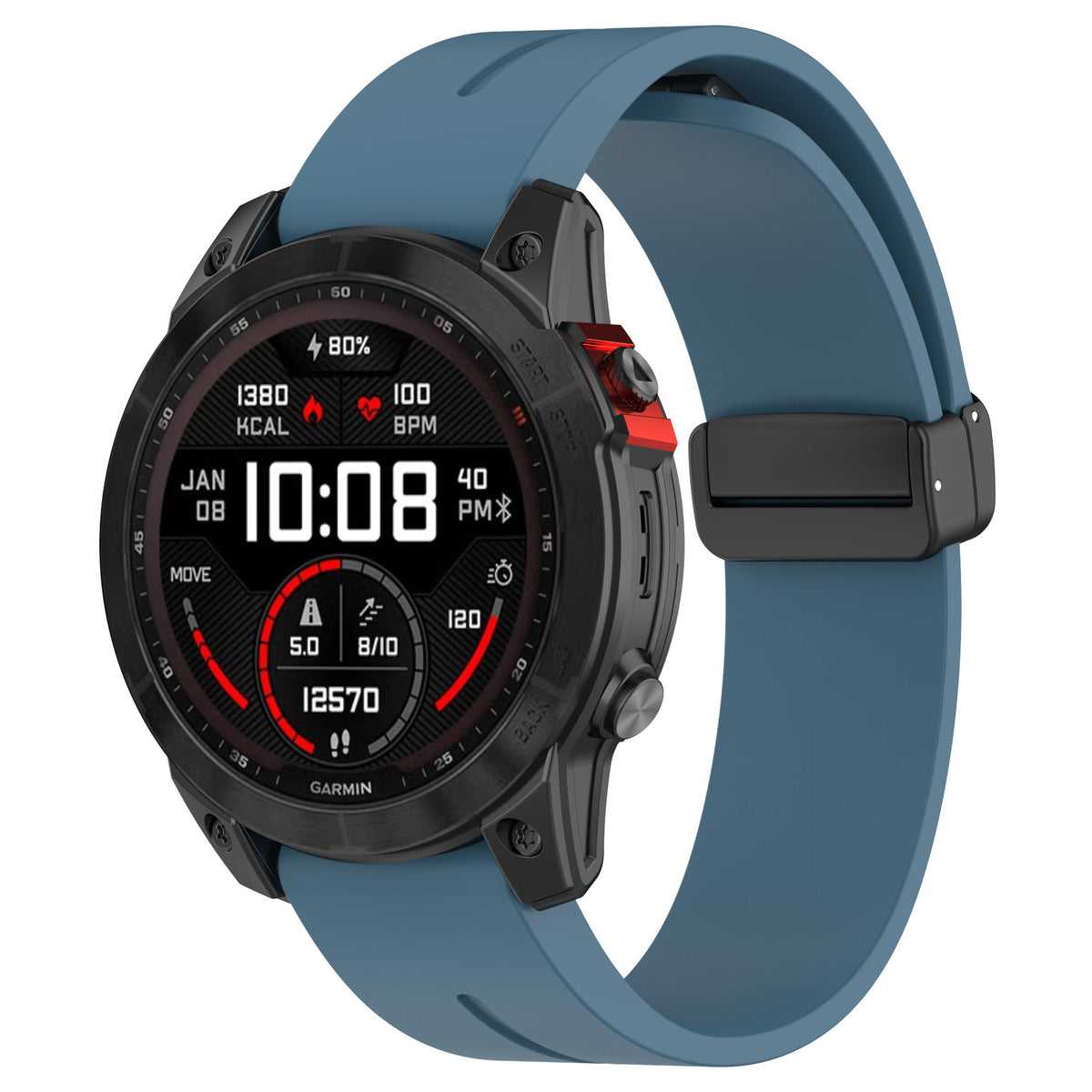 D-Buckle Silicone Strap, grey-blue, on a watch, 3/4 front view