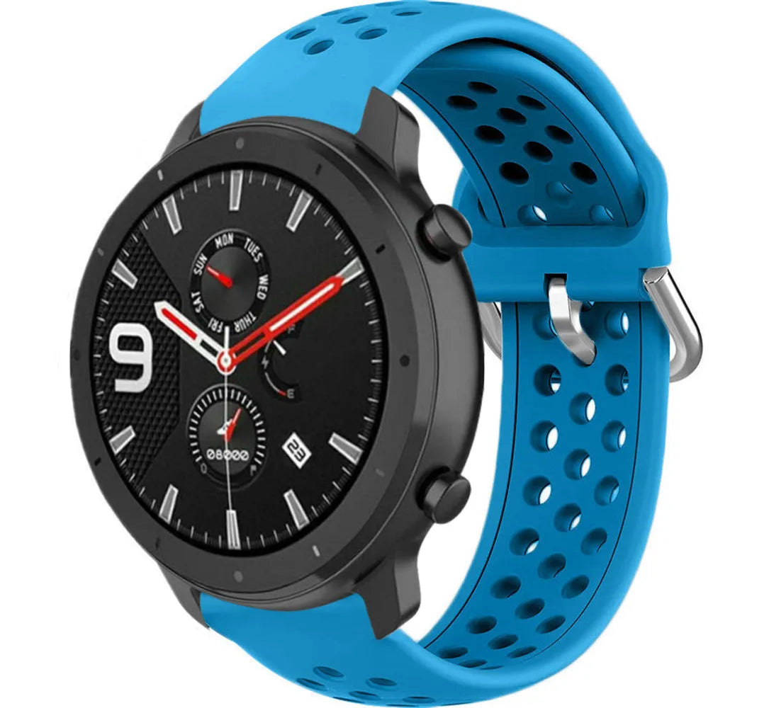 Breathable Silicone Strap, light blue, on a watch, 3/4 front view