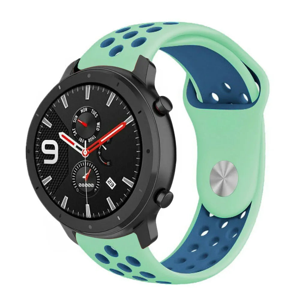Silicone Sport Strap, aqua/blue, on a watch, 3/4 front view