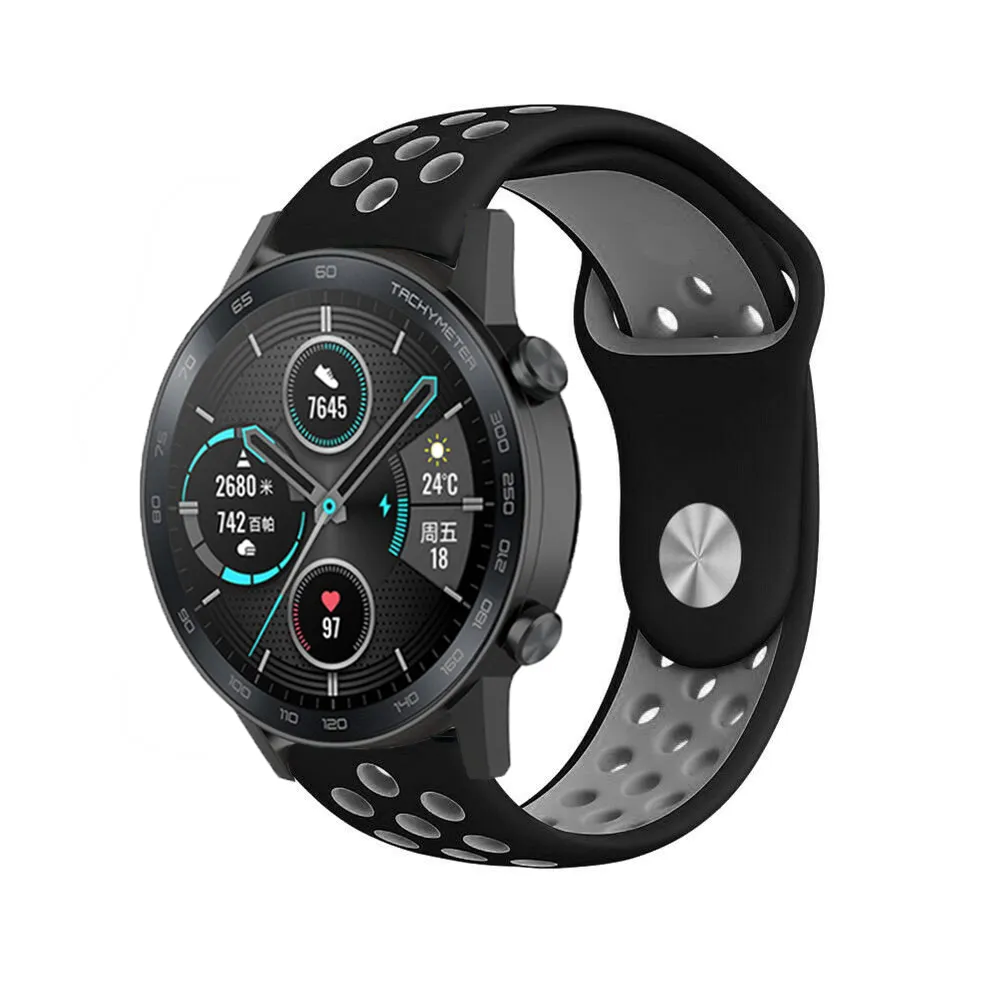 Silicone Sport Strap, black/grey, on a watch, 3/4 front view