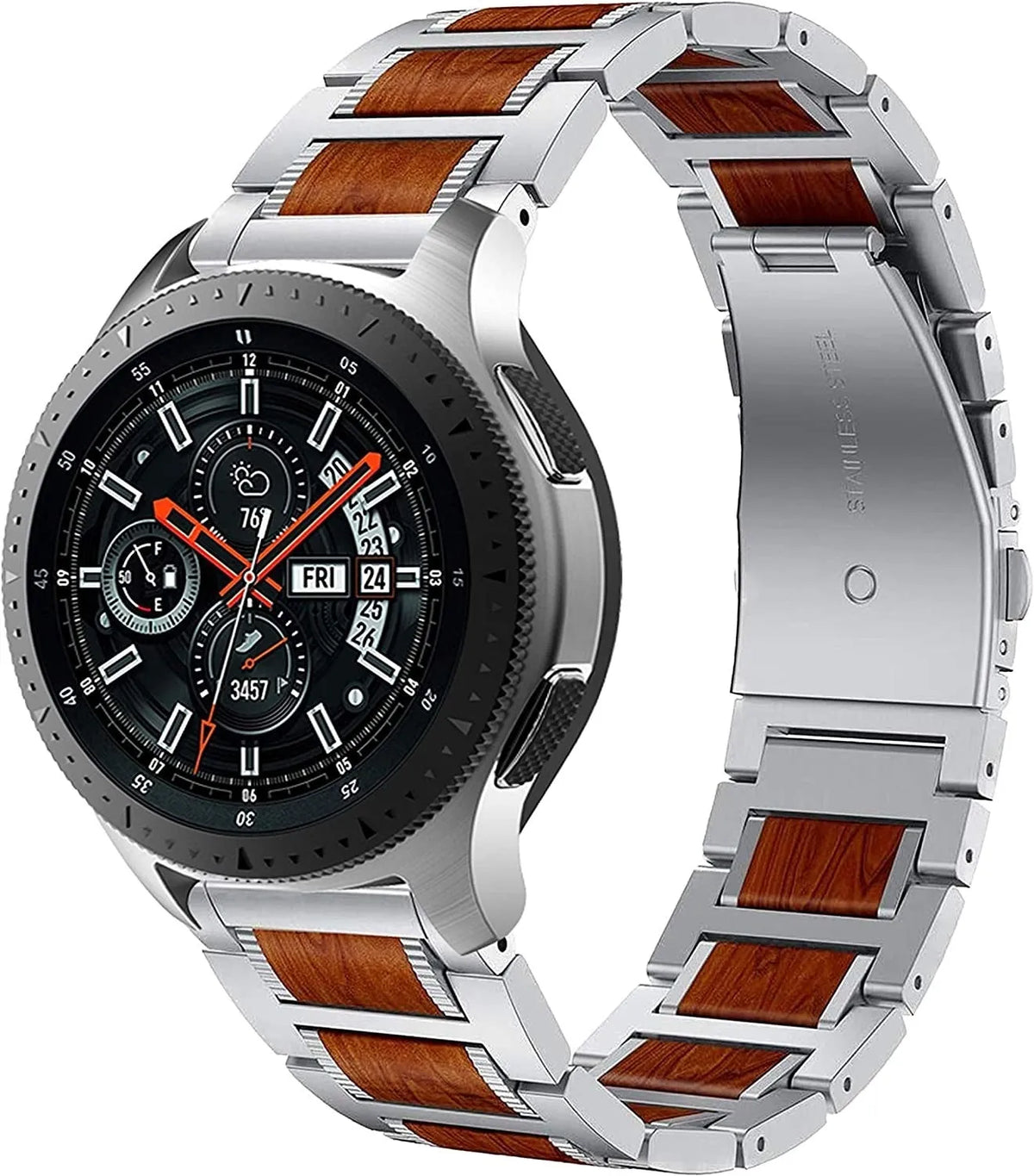 Wood Steel Strap, silver, on a watch, 3/4 front view