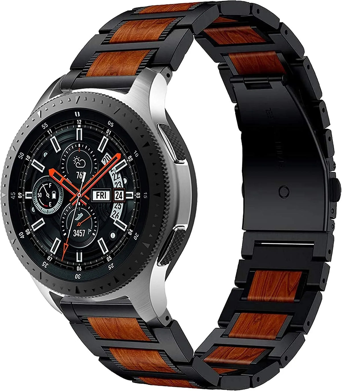 Wood Steel Strap, black, on a watch, 3/4 front view