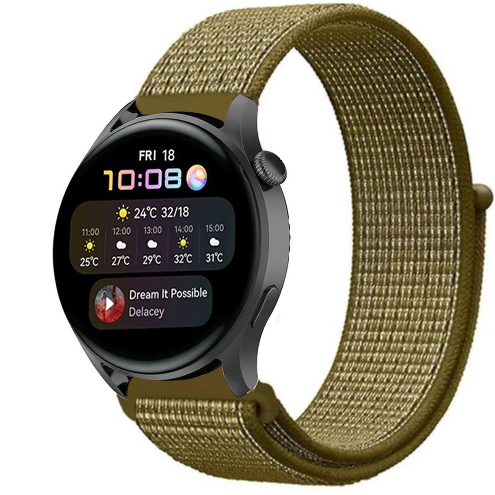 Nylon Strap, olive, on a watch, 3/4 front view