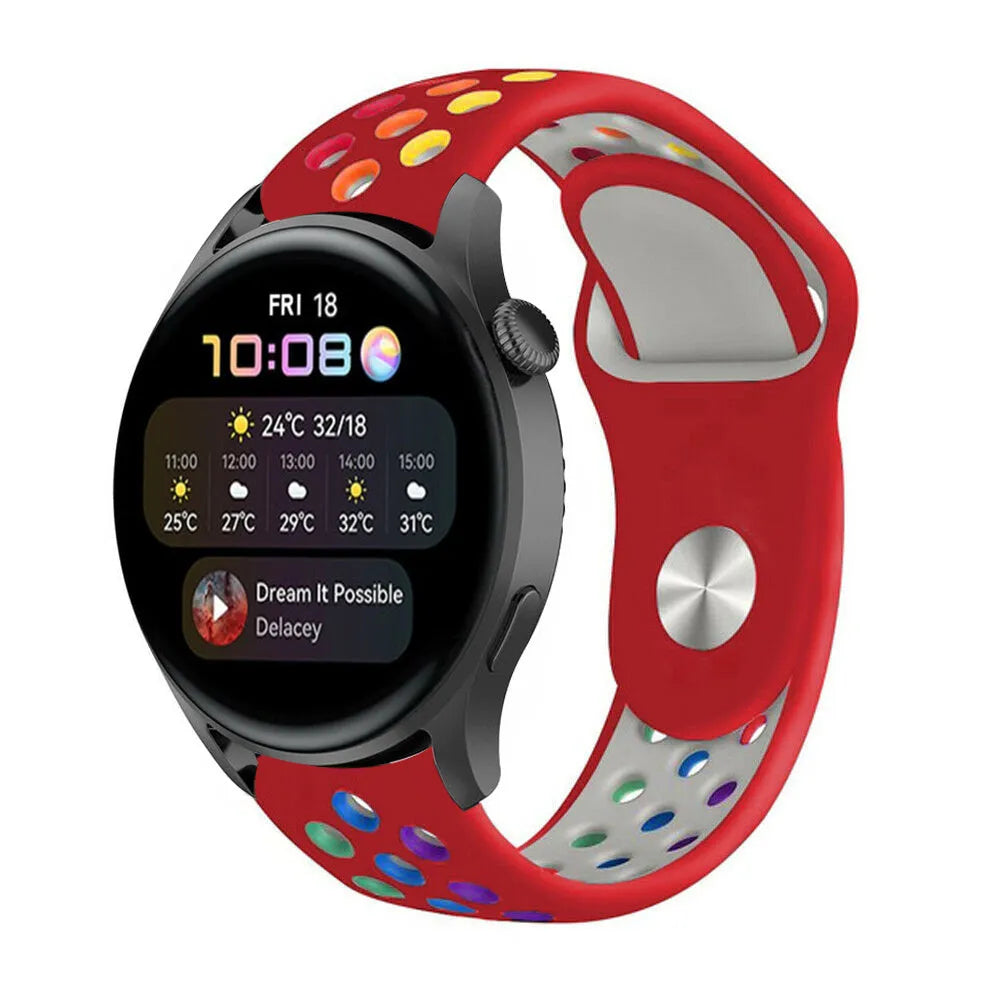 Silicone Sport Strap, red/colourful, on a watch, 3/4 front view