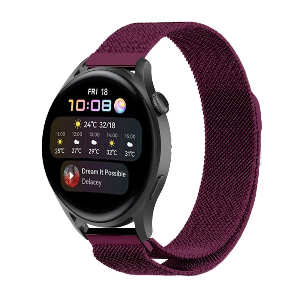 Milanese Strap, purple, on a watch, 3/4 front view