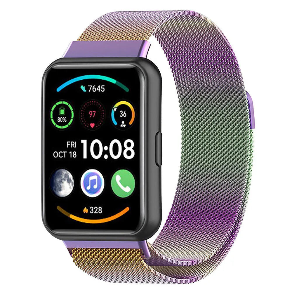 Milanese Strap, rainbow, on a watch, 3/4 front view