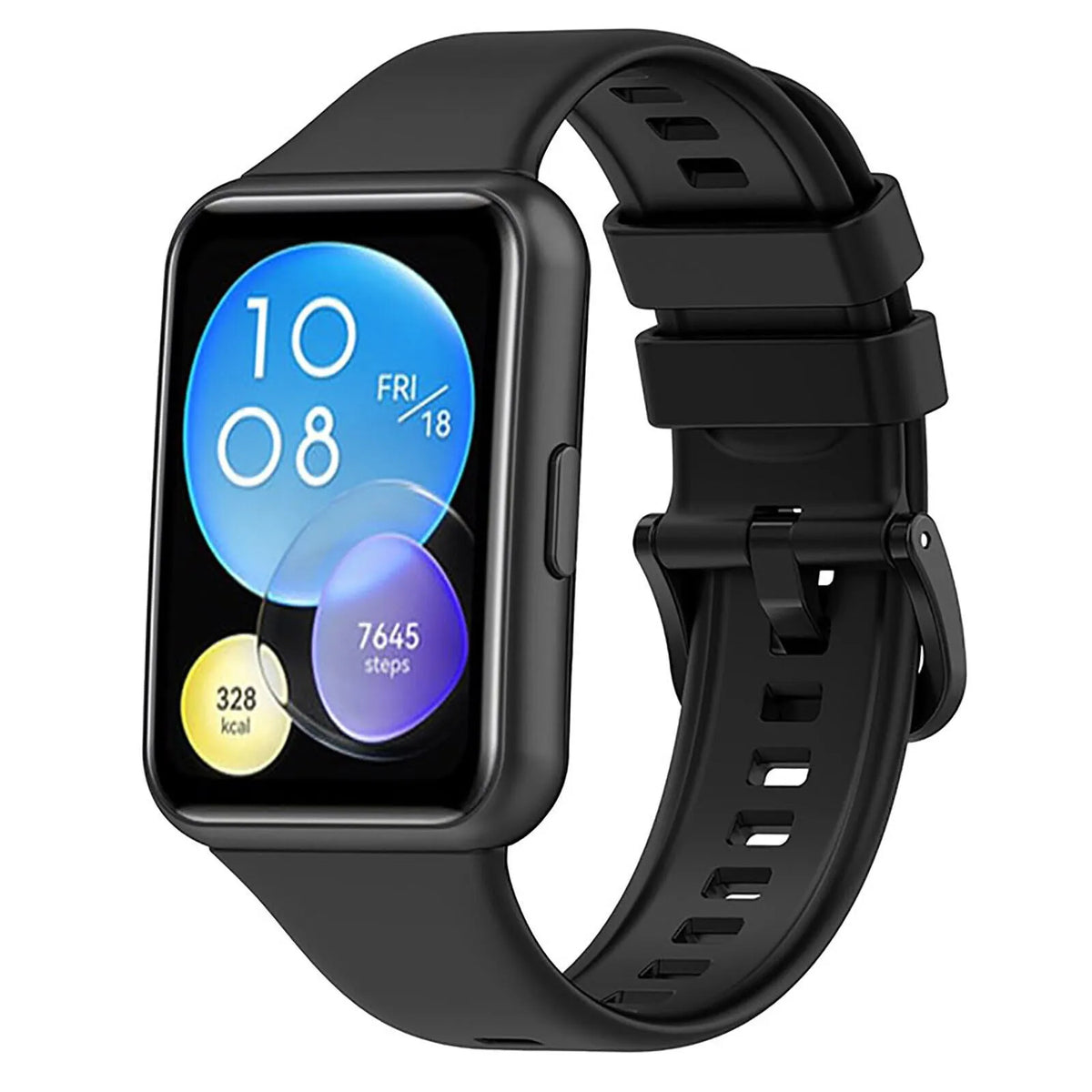 Silicone Strap, black, on a watch, 3/4 front view