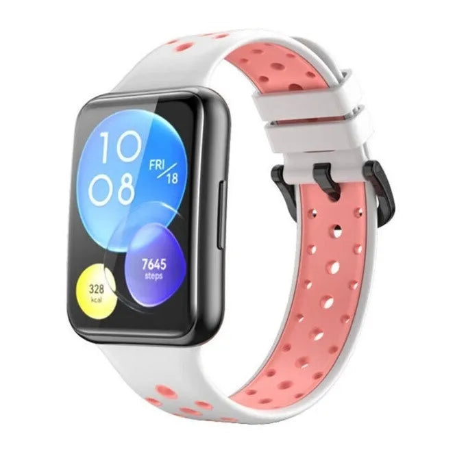 Silicone Sport Strap, white/pink, on a watch, 3/4 front view