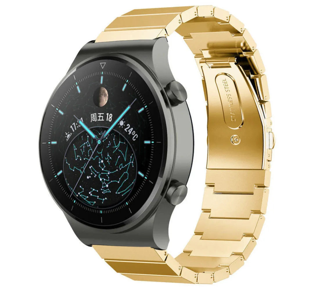 Premium Metal Strap, gold, on a watch, 3/4 front view