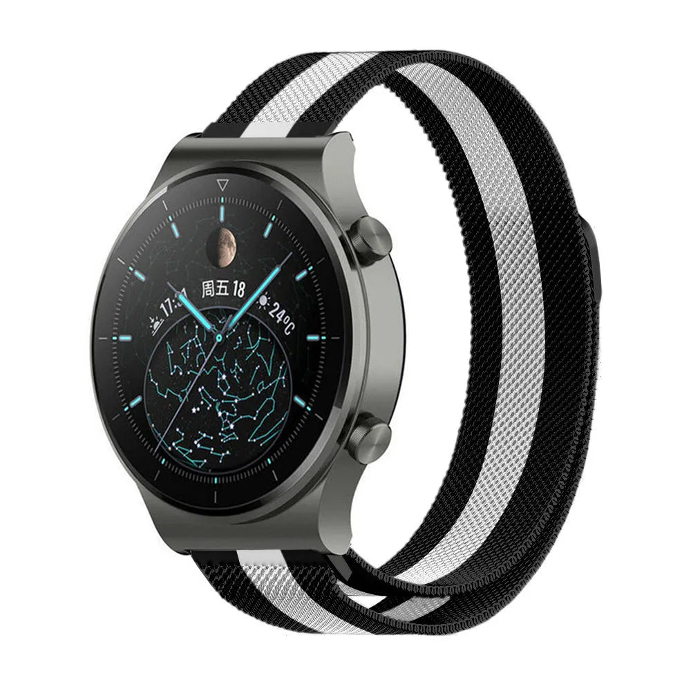 Milanese Strap, black/white, on a watch, 3/4 front view