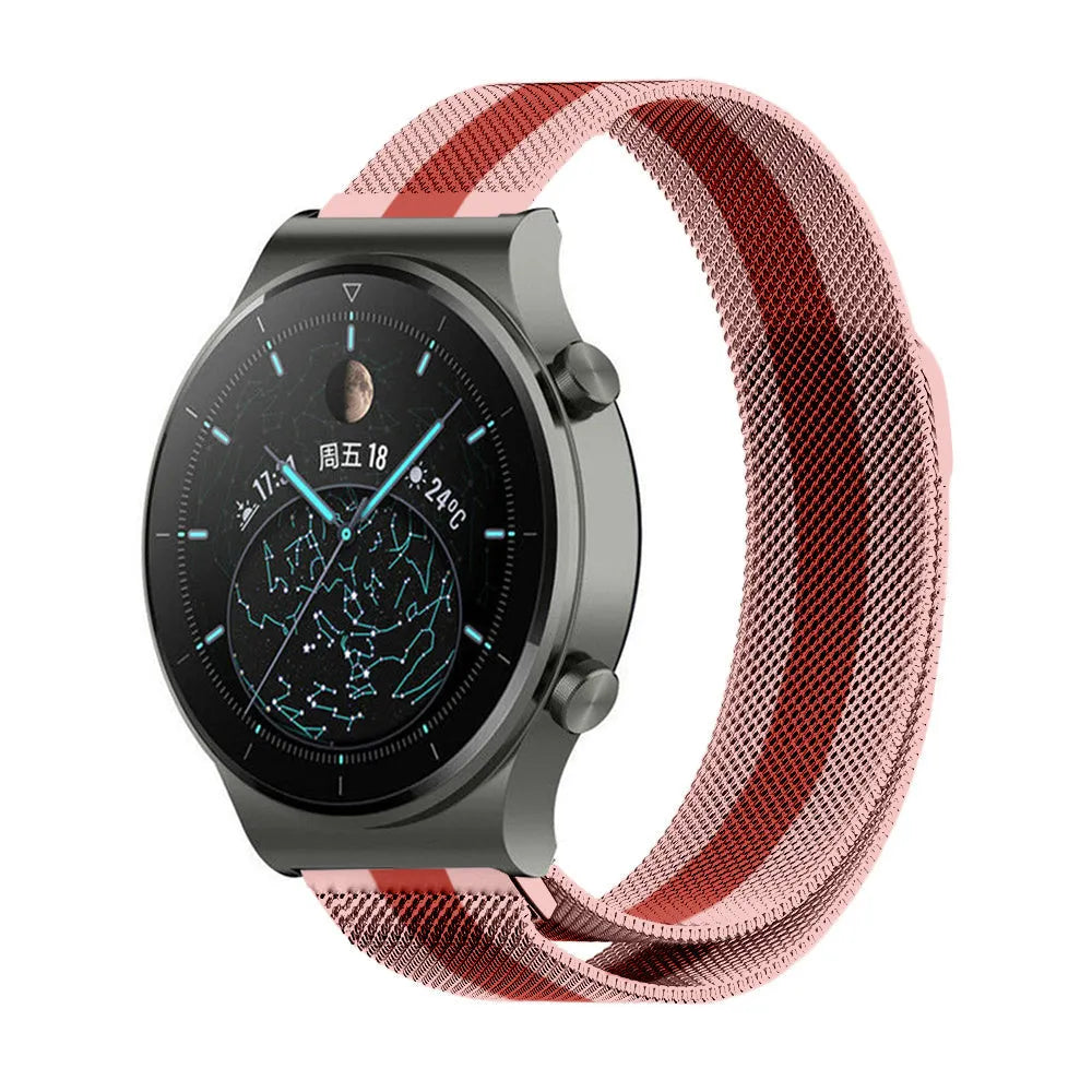 Milanese Strap, red/pink, on a watch, 3/4 front view