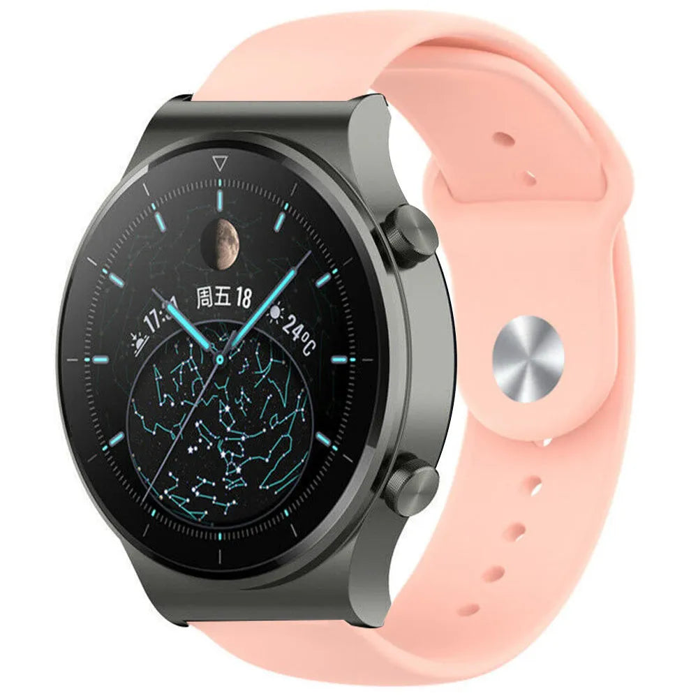 Silicone Sport Strap, pink, on a watch, 3/4 front view