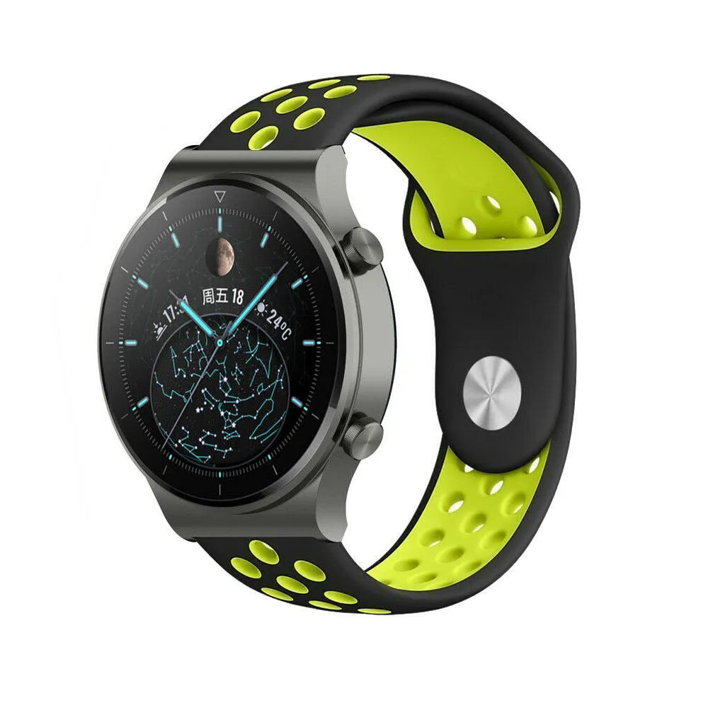 Silicone Sport Strap, black/yellow, on a watch, 3/4 front view