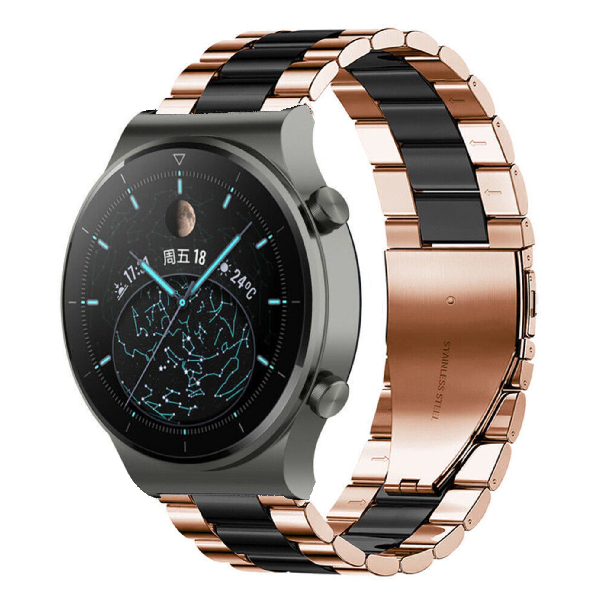 Steel Strap, rose gold/black, on a watch, 3/4 front view