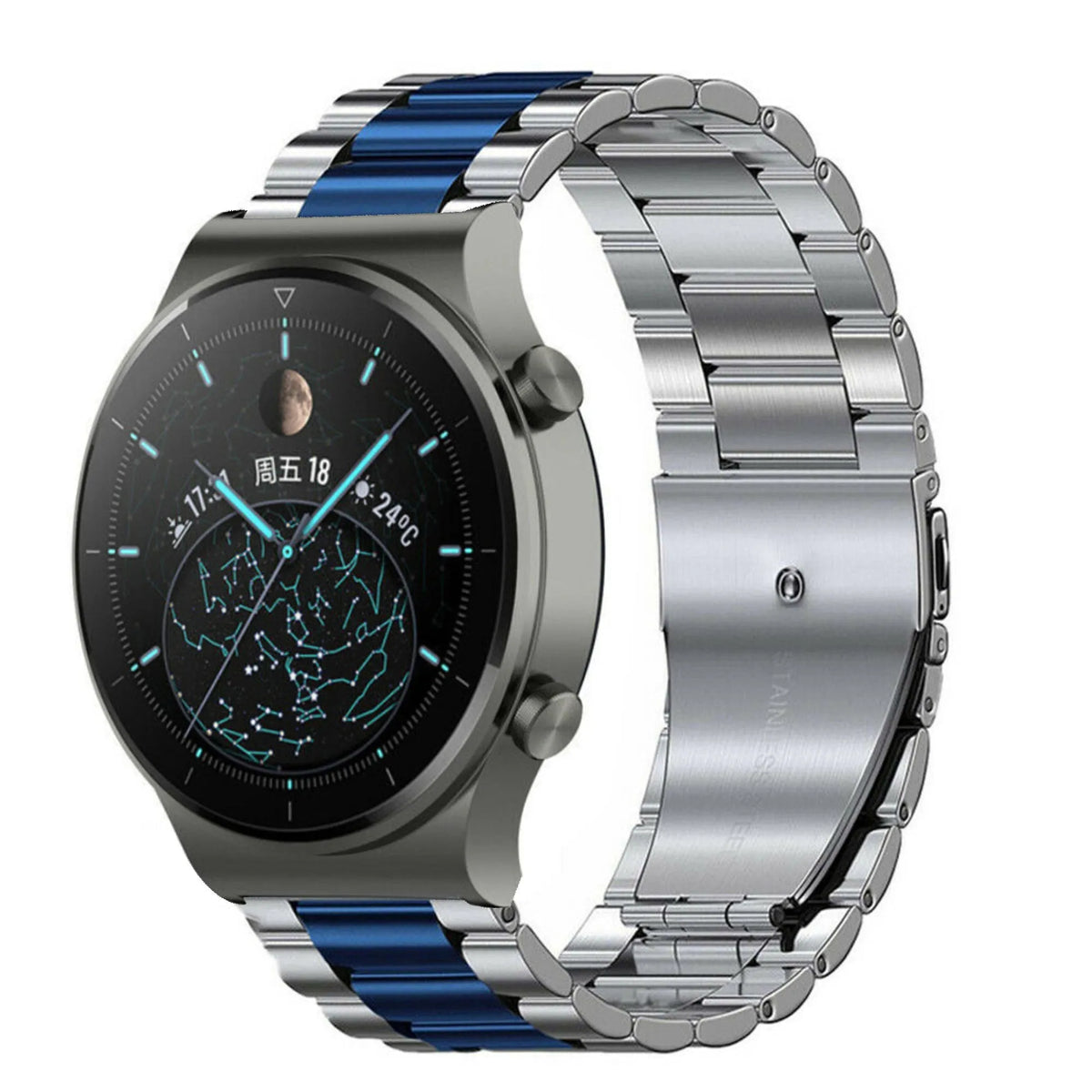 Steel Strap, silver/blue, on a watch, 3/4 front view