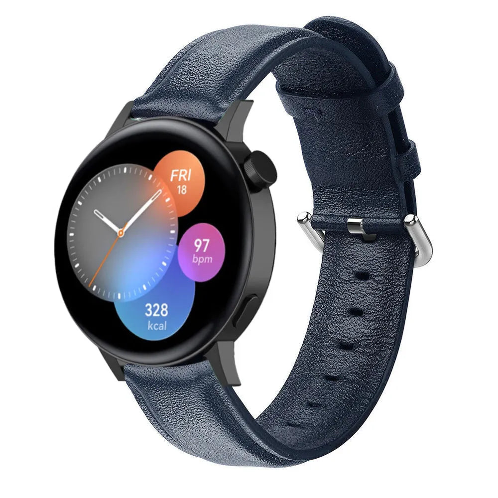 Leather Strap, dark blue, on a watch, 3/4 front view