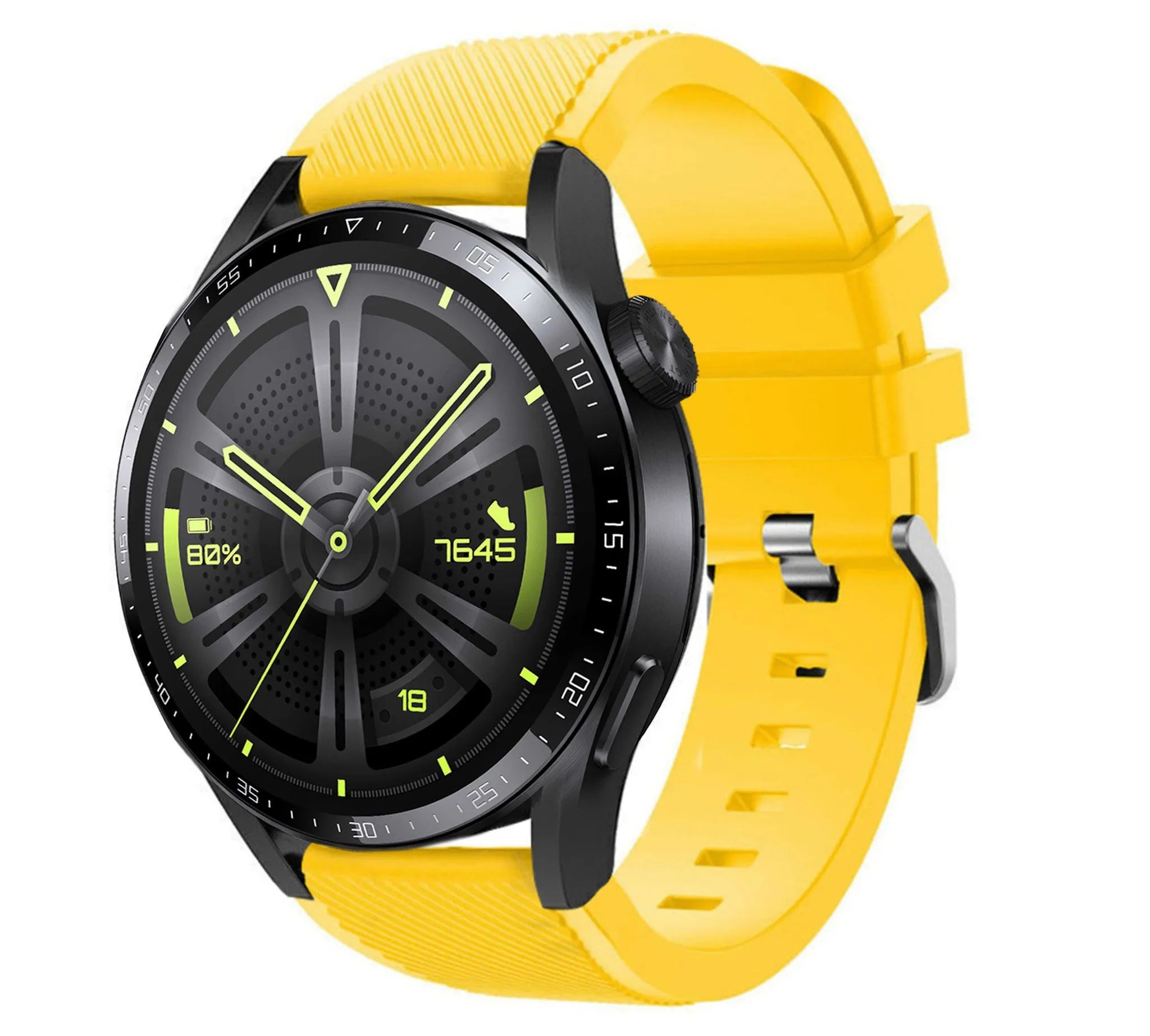 Twill Silicone Strap, yellow, on a watch, 3/4 front view