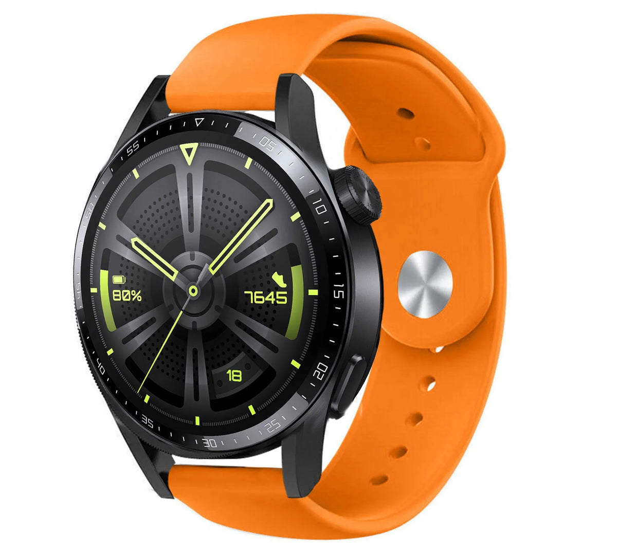 Silicone Sport Strap, orange, on a watch, 3/4 front view