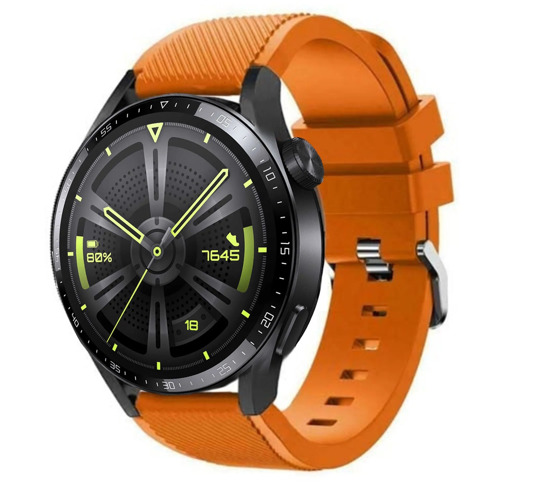 Twill Silicone Strap, orange, on a watch, 3/4 front view