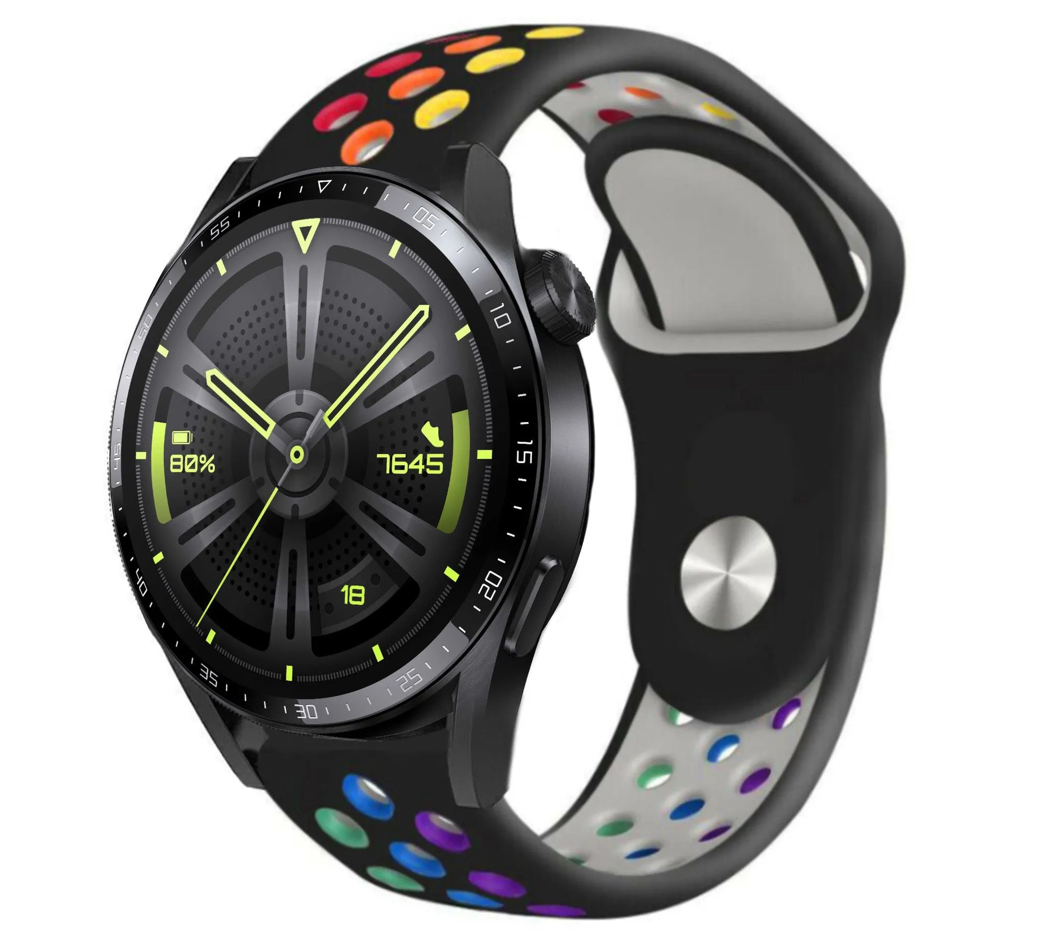 Silicone Sport Strap, black/colourful, on a watch, 3/4 front view