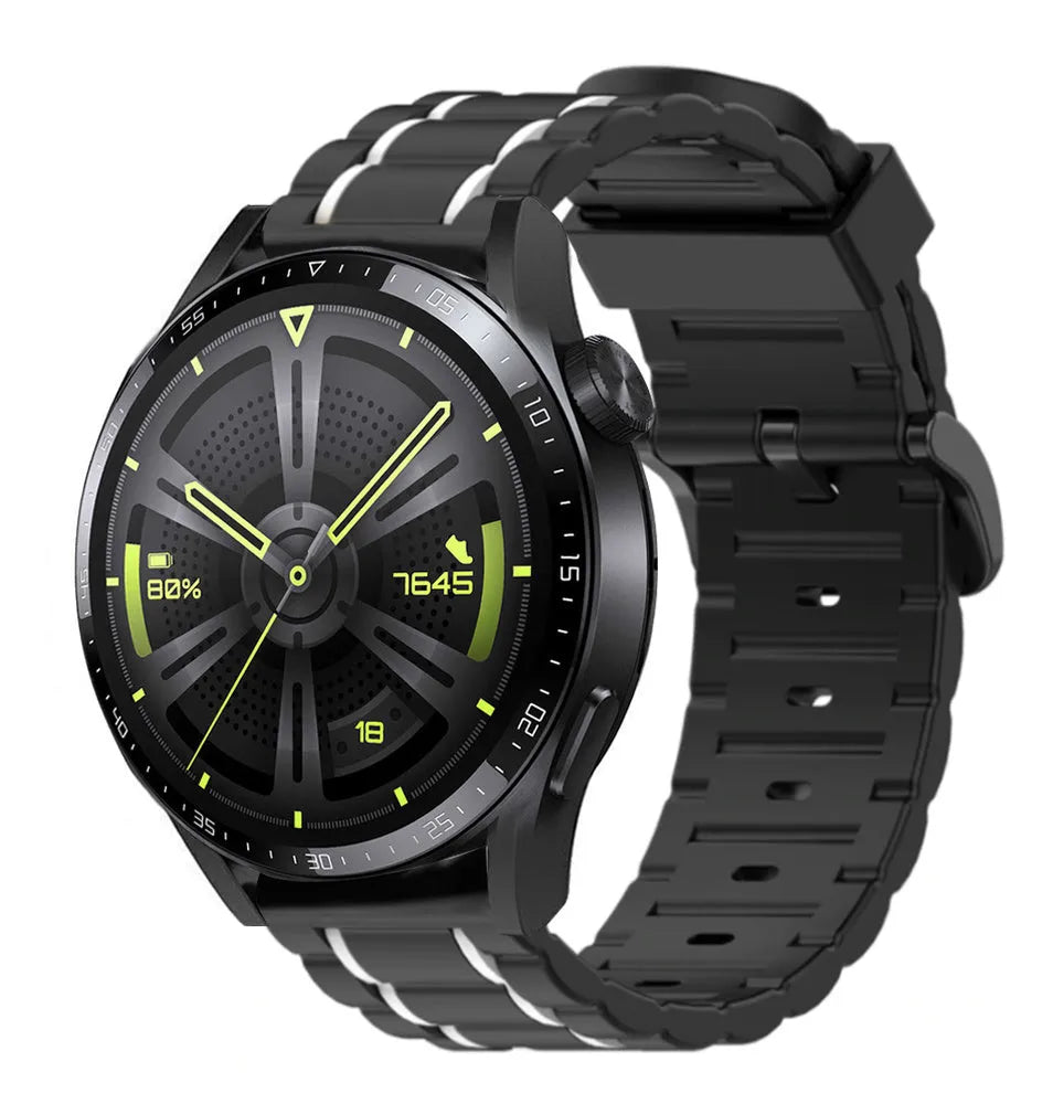 Silicone Sport Strap with Buckle, black/white, on a watch, 3/4 front view
