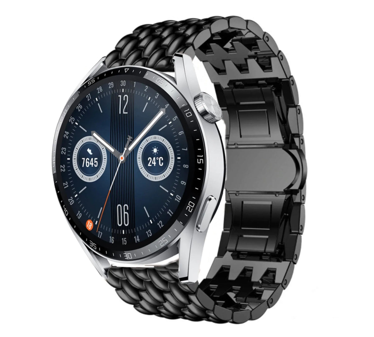 Steel Dragon Strap, black, on a watch, 3/4 front view