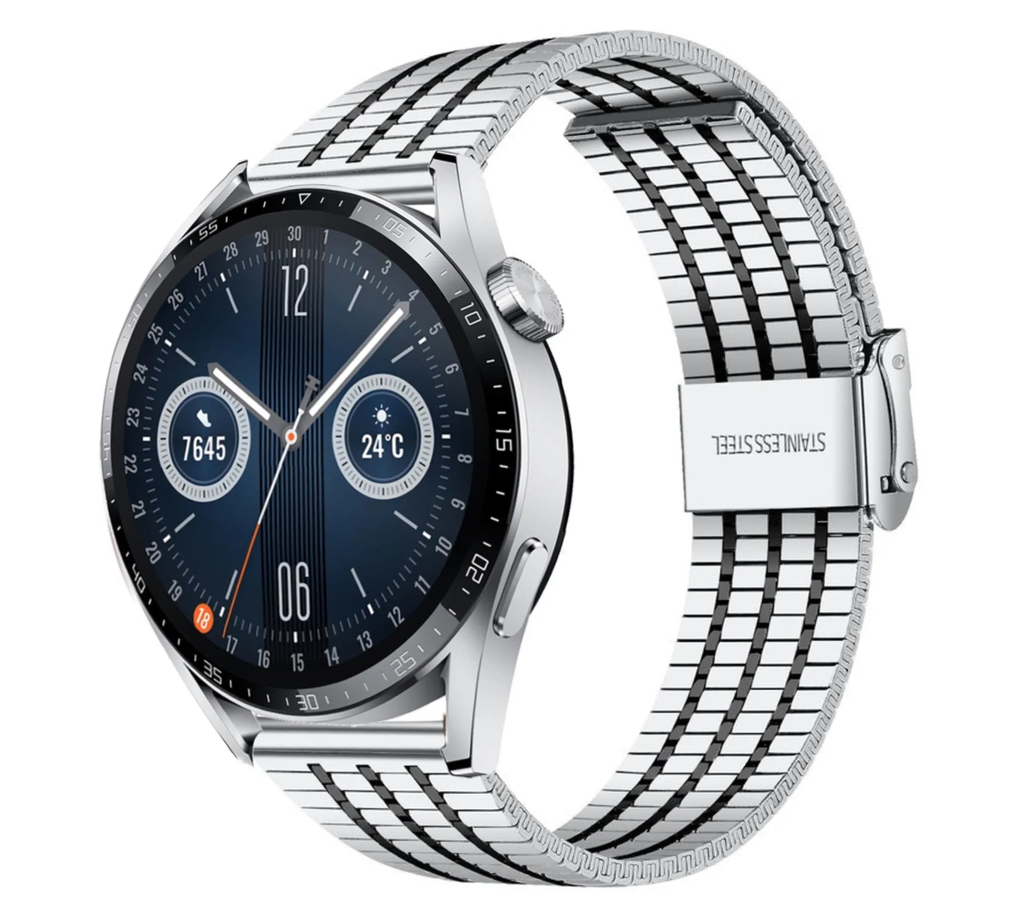 Fine Steel Strap, silver/black, on a watch, 3/4 front view