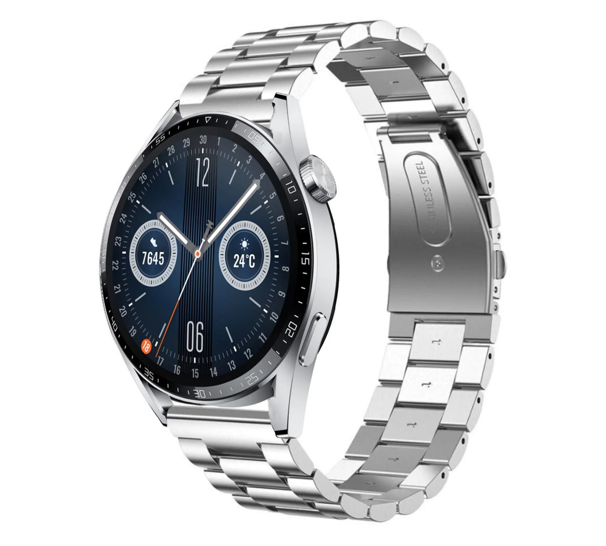 Steel Strap, silver, on a watch, 3/4 front view