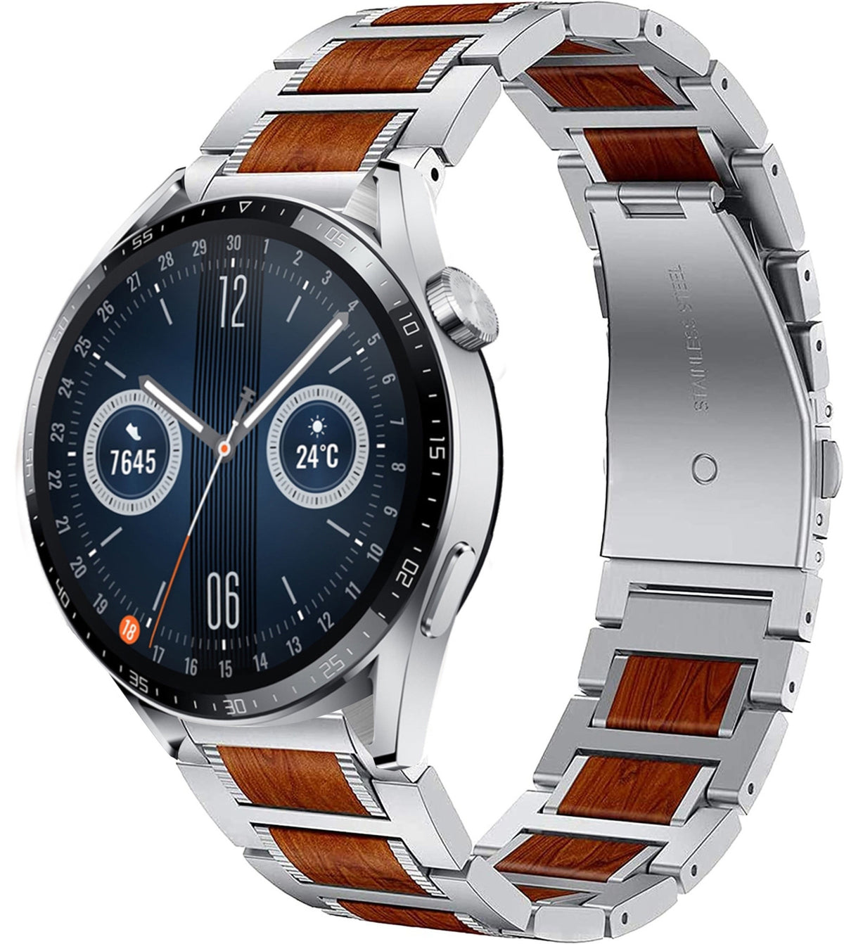 Wood Steel Strap, silver, on a watch, 3/4 front view