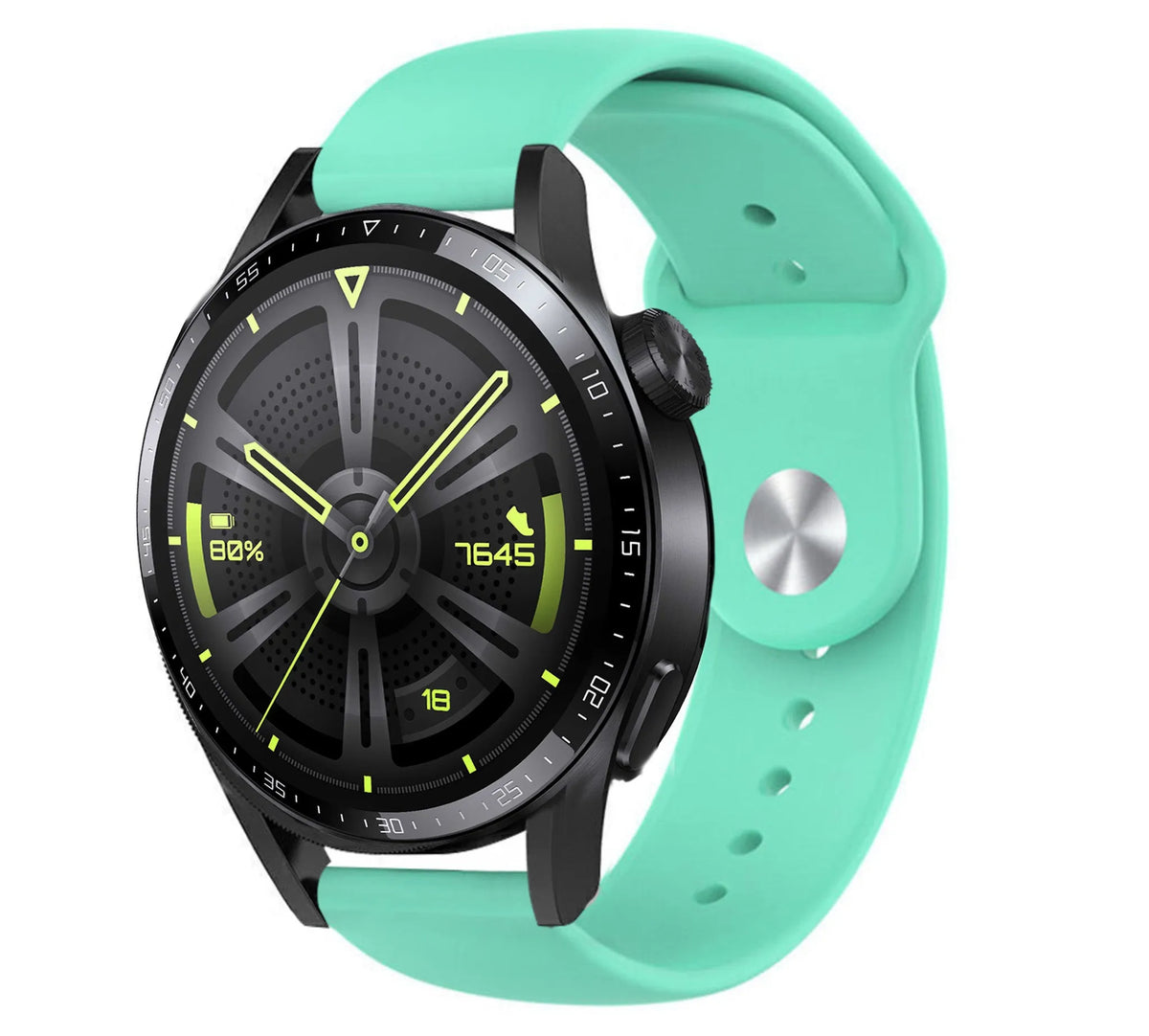 Silicone Sport Strap, aqua, on a watch, 3/4 front view