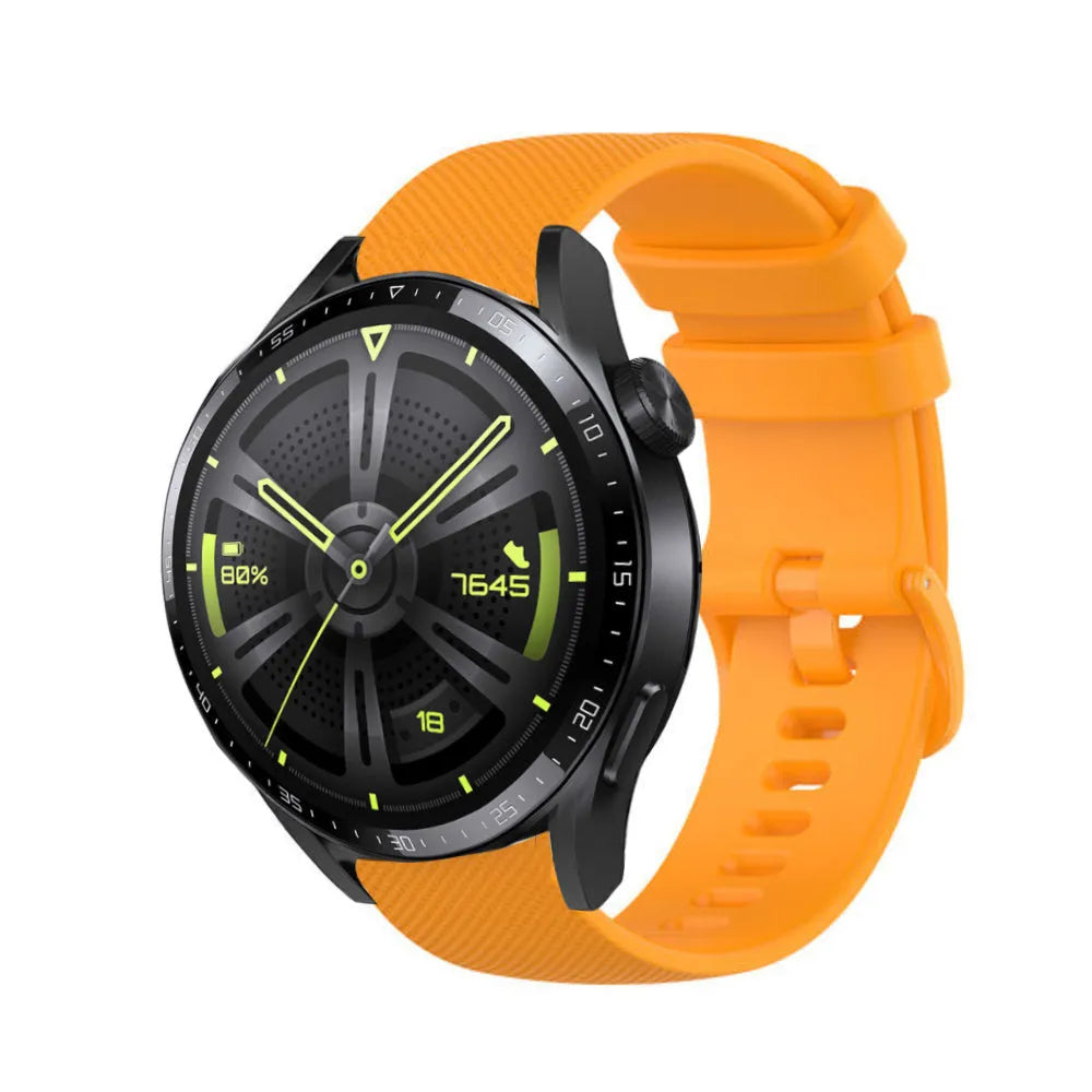 Premium Silicone Strap, orange, on a watch, 3/4 front view