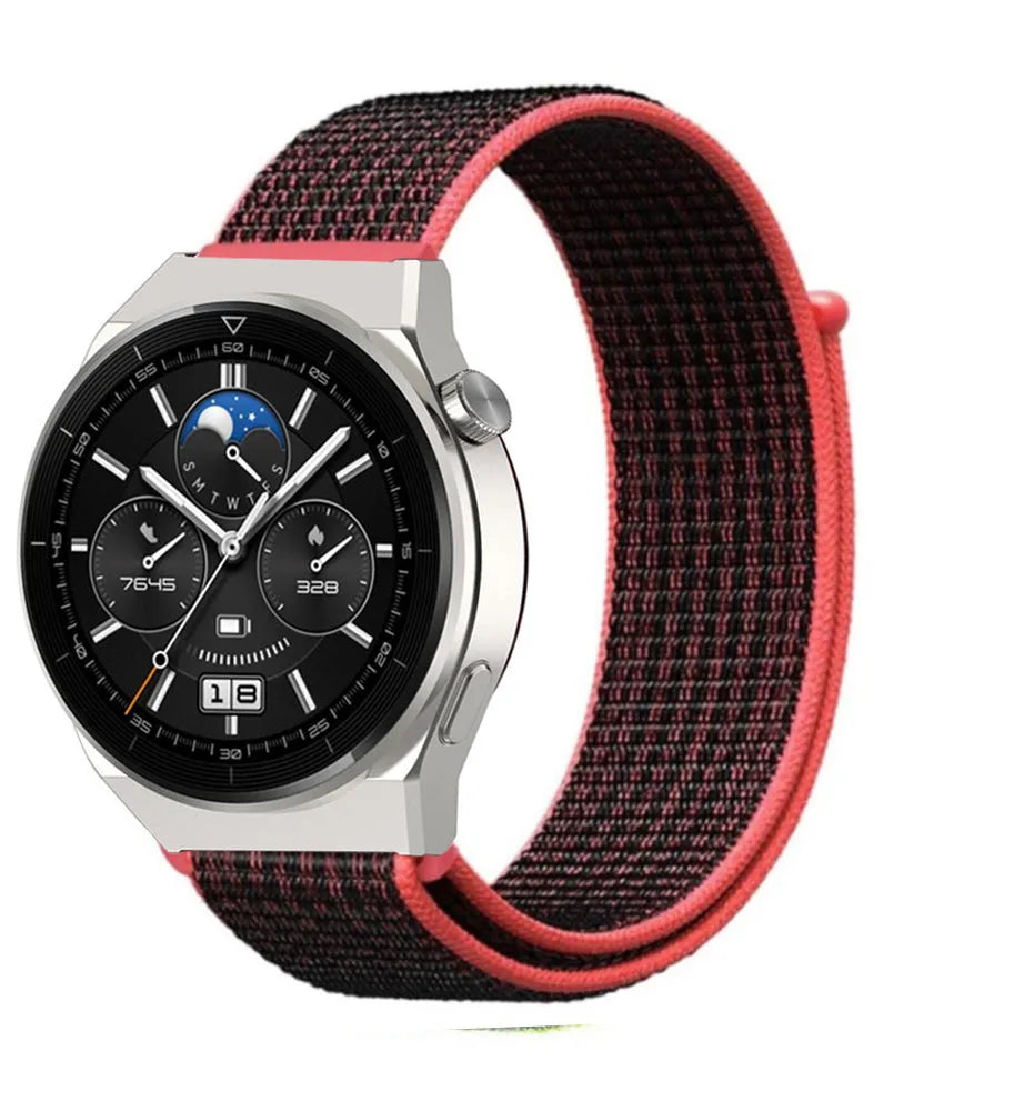 Nylon Strap, black/coral, on a watch, 3/4 front view