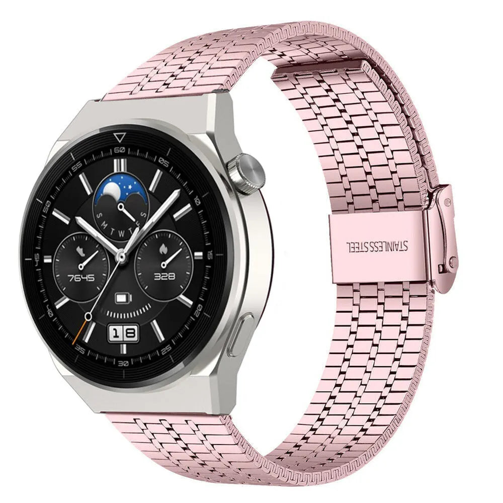 Fine Steel Strap, pink, on a watch, 3/4 front view