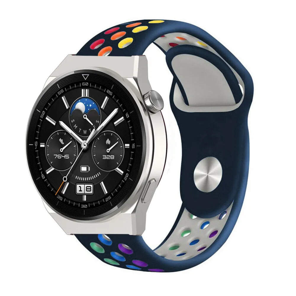 Silicone Sport Strap, dark blue/colourful, on a watch, 3/4 front view