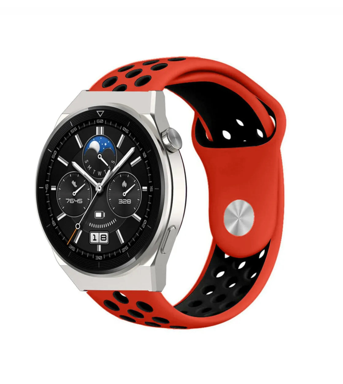 Silicone Sport Strap, red/black, on a watch, 3/4 front view