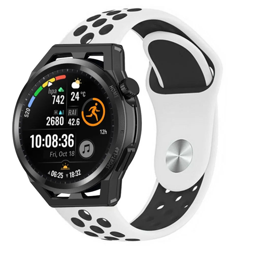 Silicone Sport Strap, white/black, on a watch, 3/4 front view