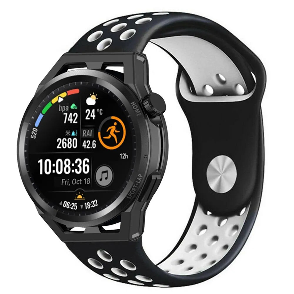 Silicone Sport Strap, black/white, on a watch, 3/4 front view