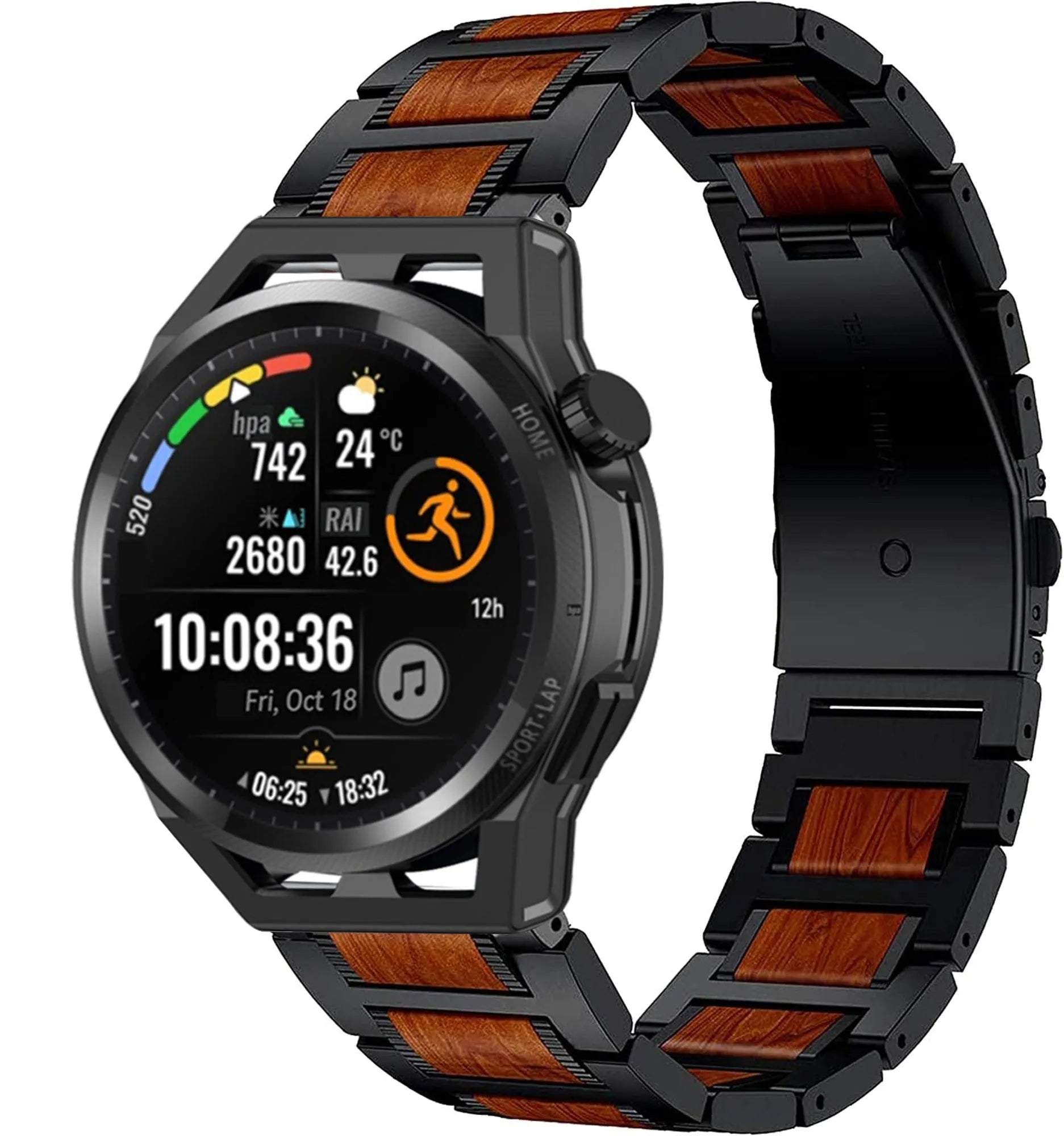 Wood Steel Strap, black, on a watch, 3/4 front view