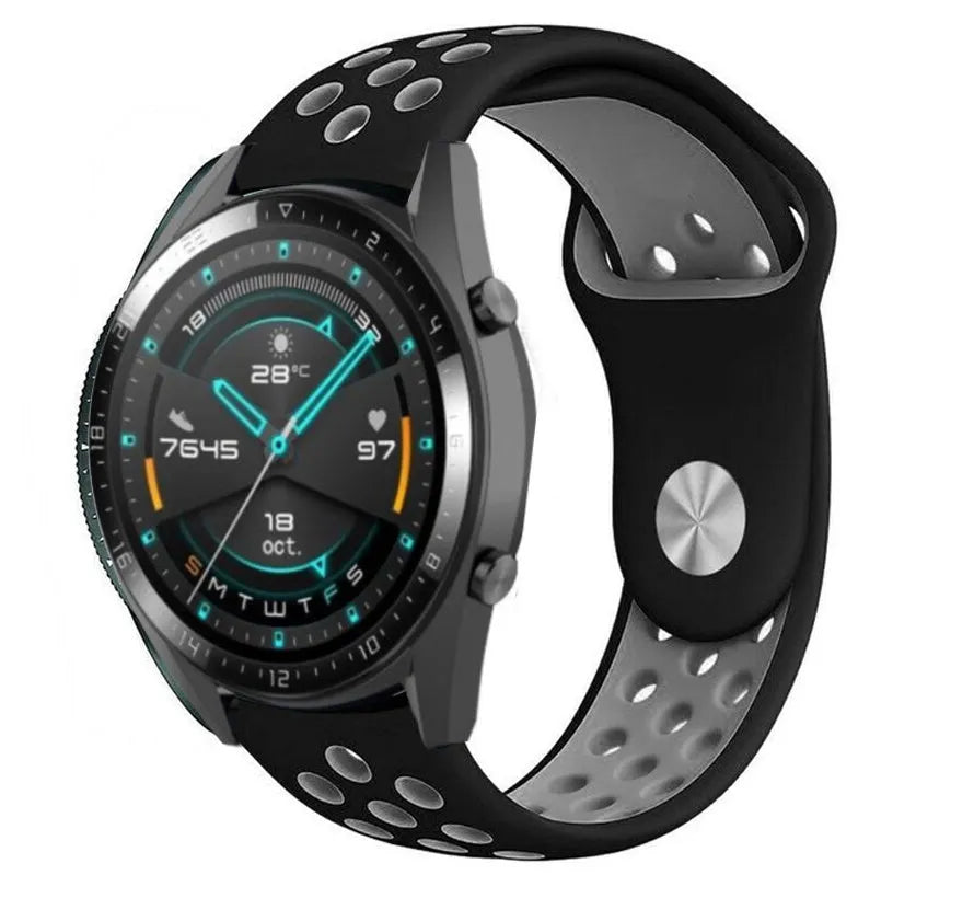 Silicone Sport Strap, black/grey, on a watch, 3/4 front view