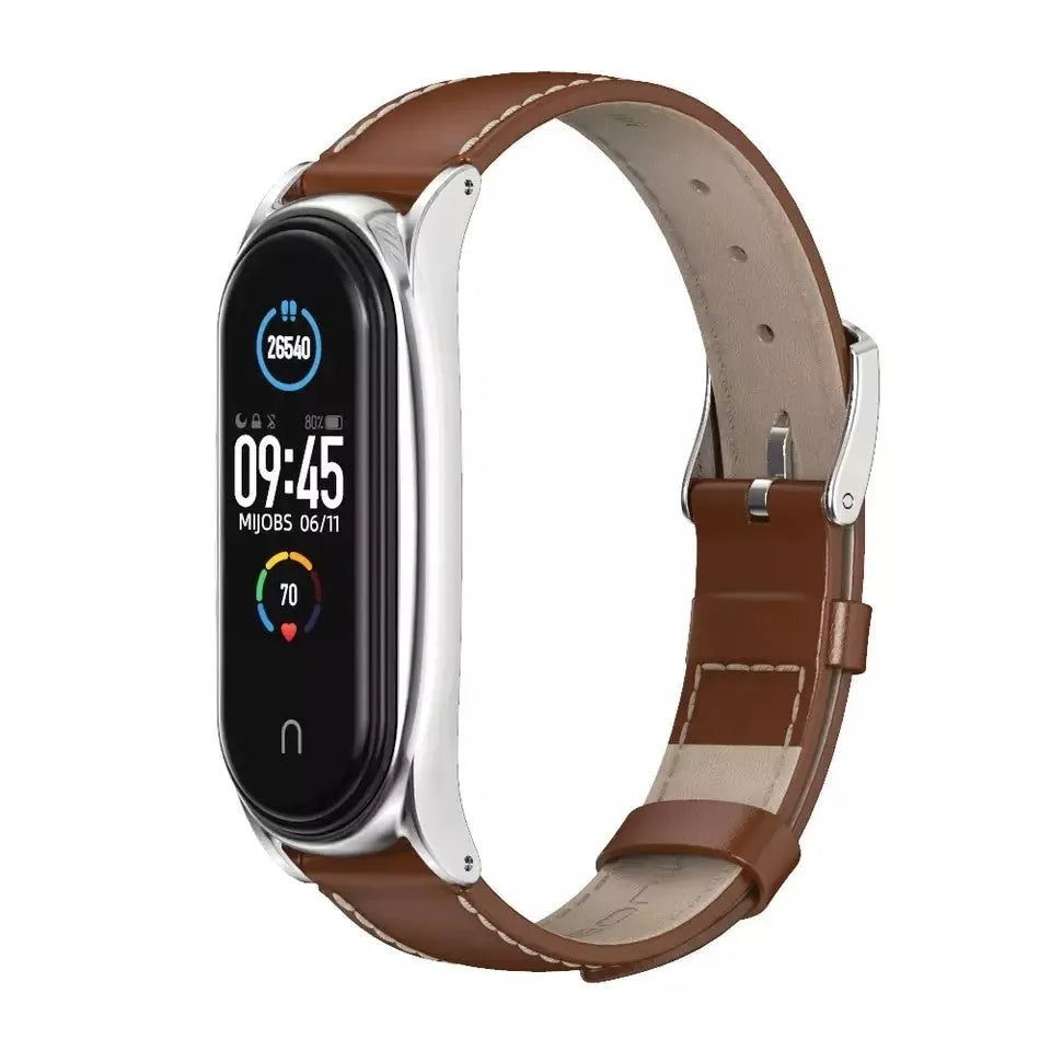Modern Leather Strap, brown, on a watch, 3/4 front view