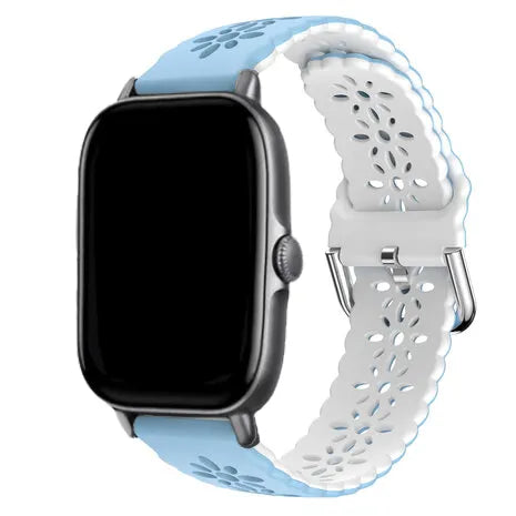 Patterned Silicone Strap, light blue/white, on a watch, 3/4 front view