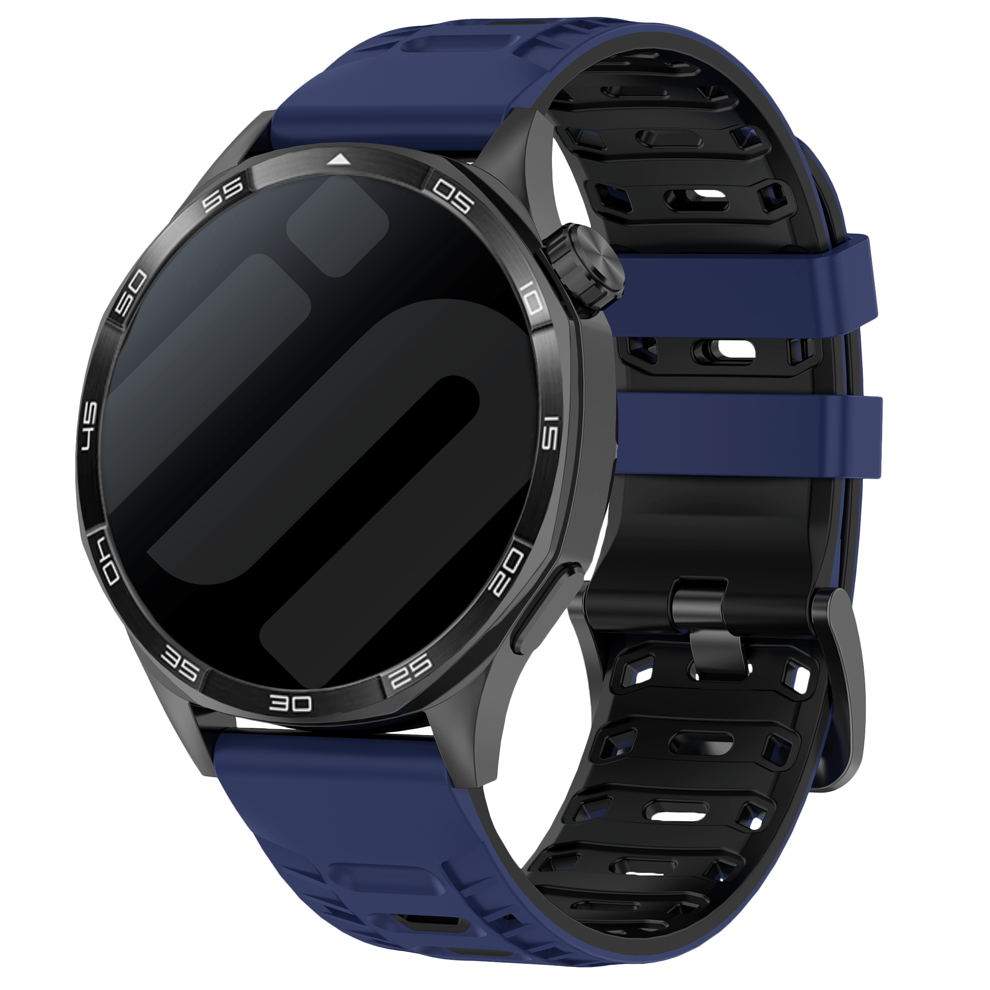 Silicone Mecha Sport Strap, dark blue/black, on a watch, 3/4 front view