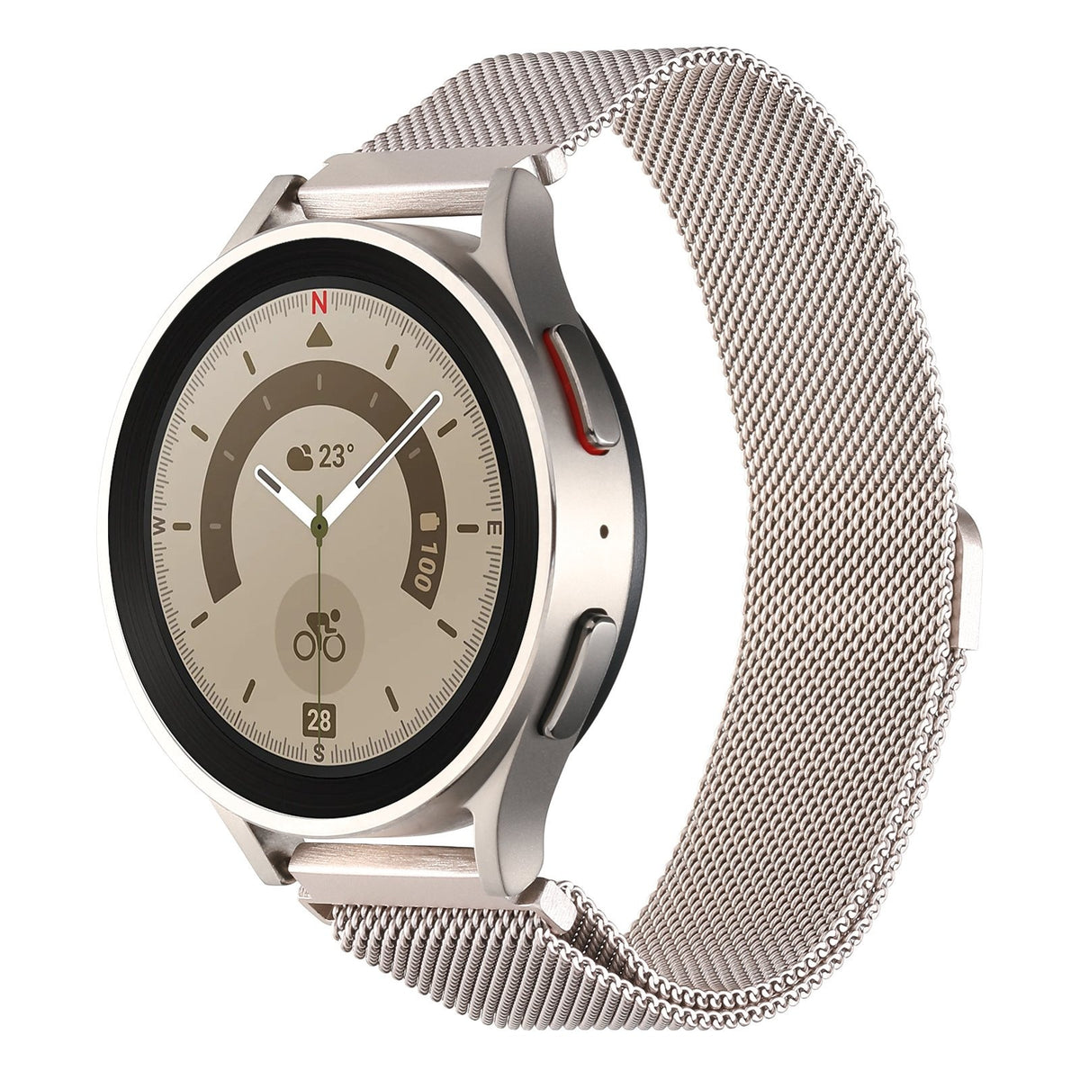 Milanese Strap, starlight, on a watch, 3/4 front view