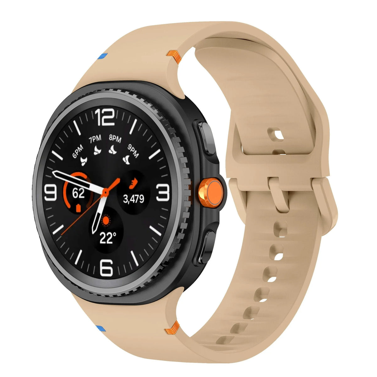 Silicone Strap, beige, on a watch, 3/4 front view