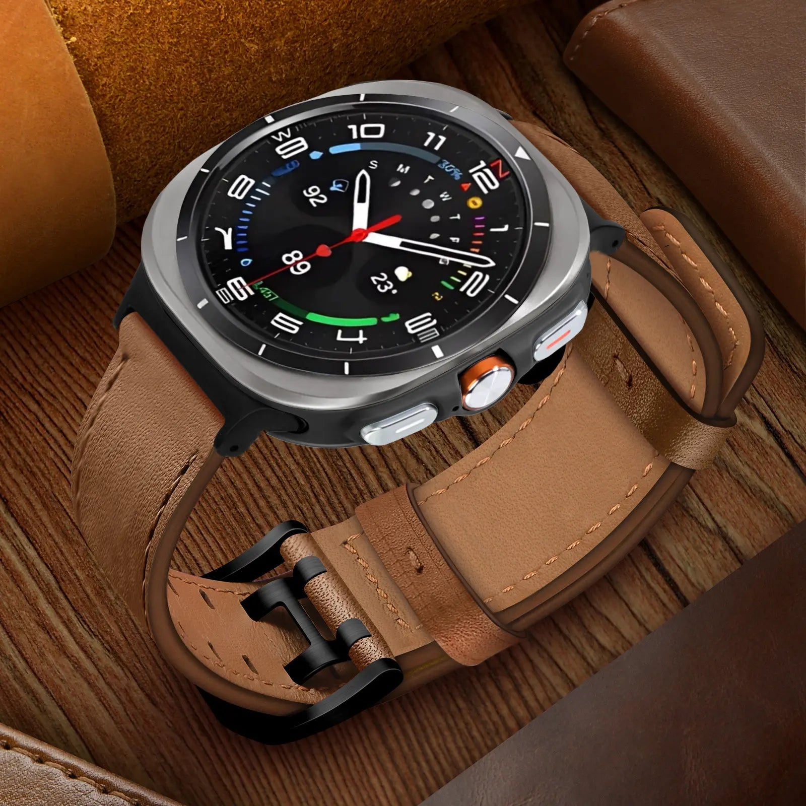 Double Pin Leather Strap, brown, on a watch, 3/4 front view